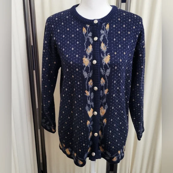 Vintage (90s) Grace Navy and Gold Button-Up Cardigan Sweater | Size Small - Picture 1 of 6